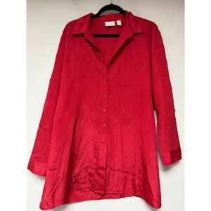 Chicos Red Textured Button Up Shirt Tunic Top Women Size 2
